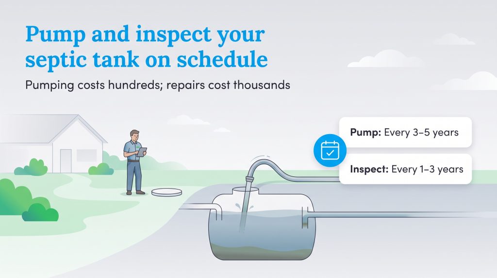 Illustration of septic tank maintenance: pump every 3 to 5 years, inspect every 1 to 3 years.