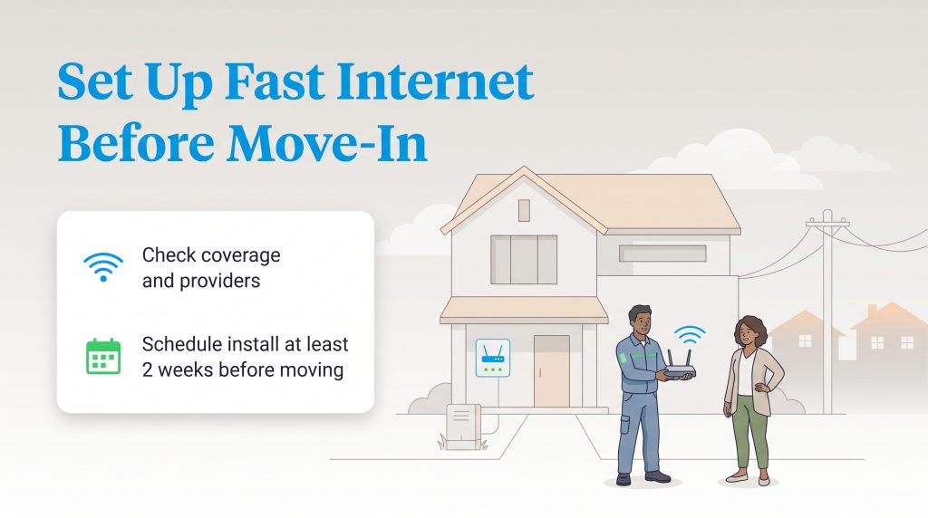 Steps to check internet coverage and schedule router installation before moving into a new house.