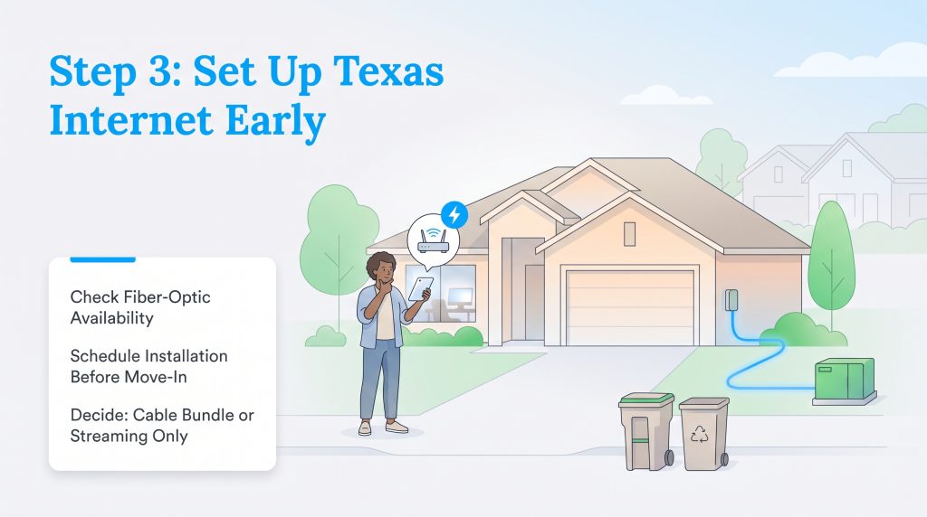 Illustration of setting up internet and trash services early for a new Texas home