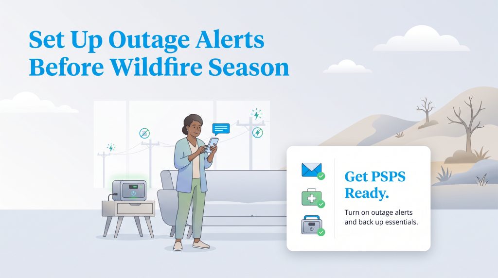 A woman uses her phone to set up outage alerts next to a portable power station.
