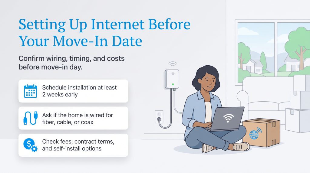 An illustration showing a woman on a laptop next to boxes and a checklist for setting up internet