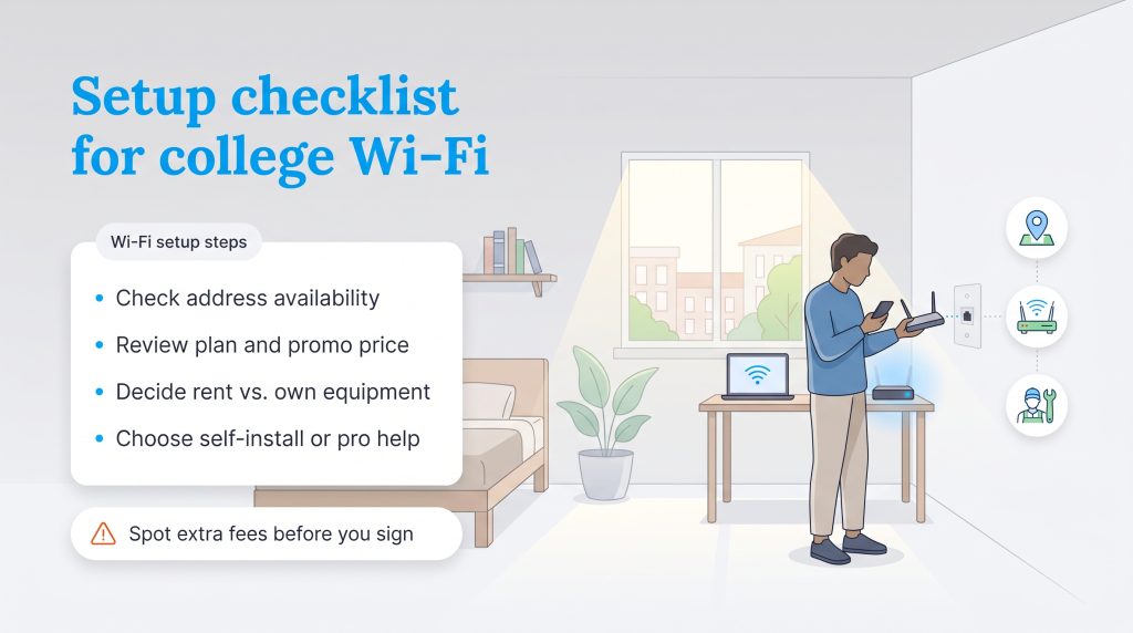 Illustration outlining key steps for setting up Wi-Fi in a college apartment.