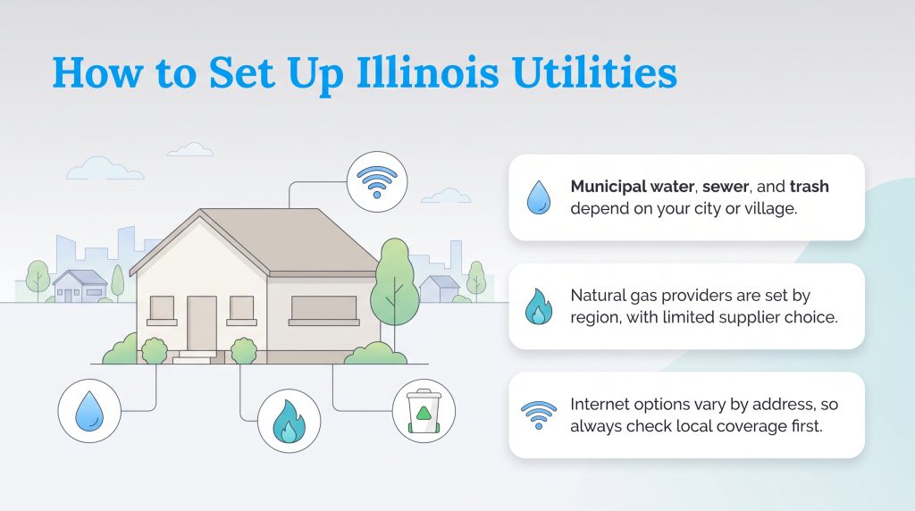 An illustrated guide detailing how to set up key household utilities in Illinois.