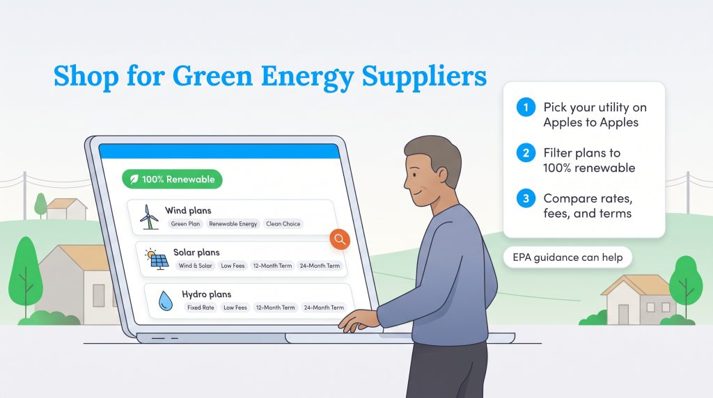 A person shopping for renewable energy plans on a laptop.