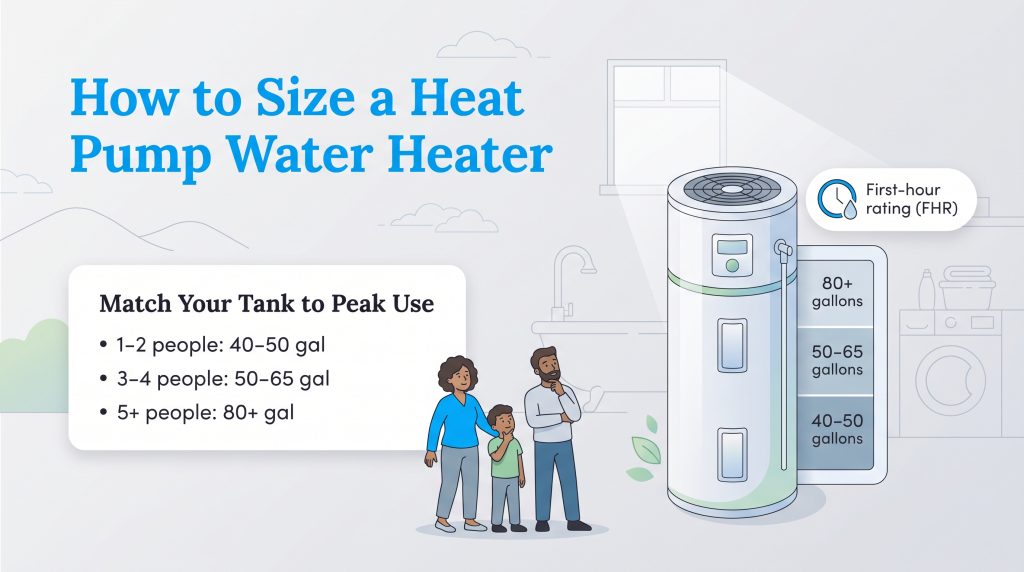 Sizing chart matching household occupants to heat pump water heater gallon capacity