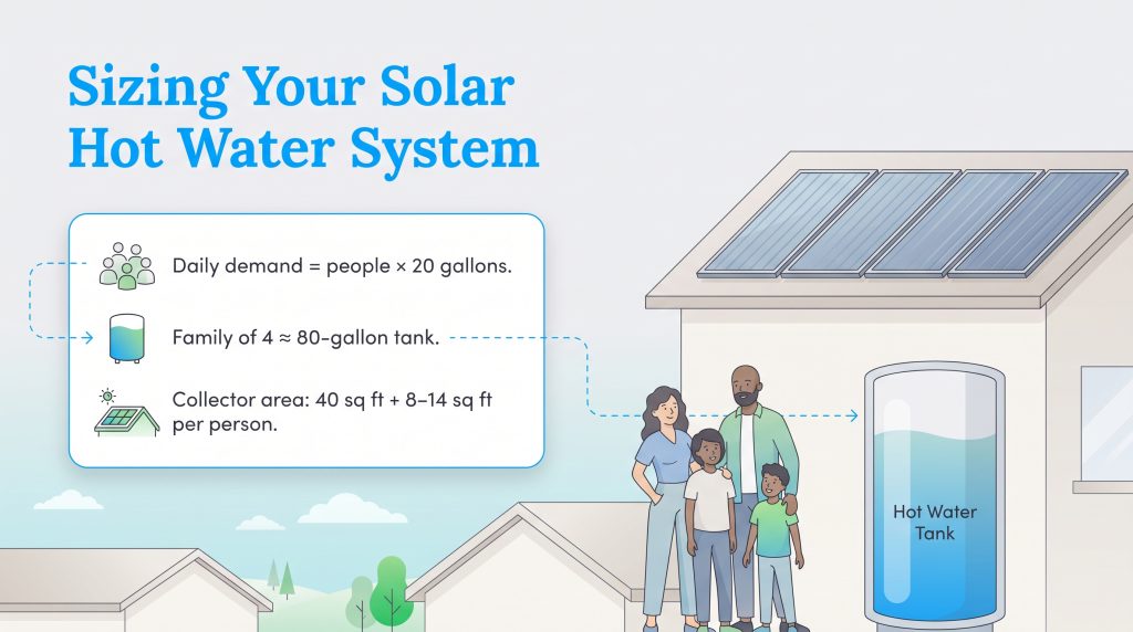 Diagram showing how to size a solar hot water system based on household size and demand.