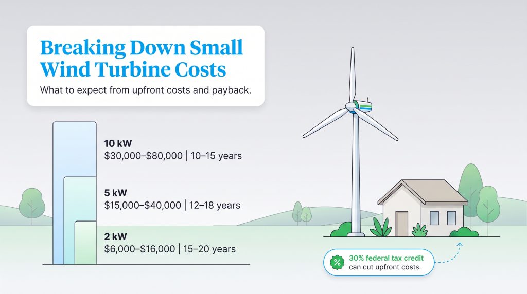 Infographic displaying estimated installation costs and payback periods for small wind turbines.