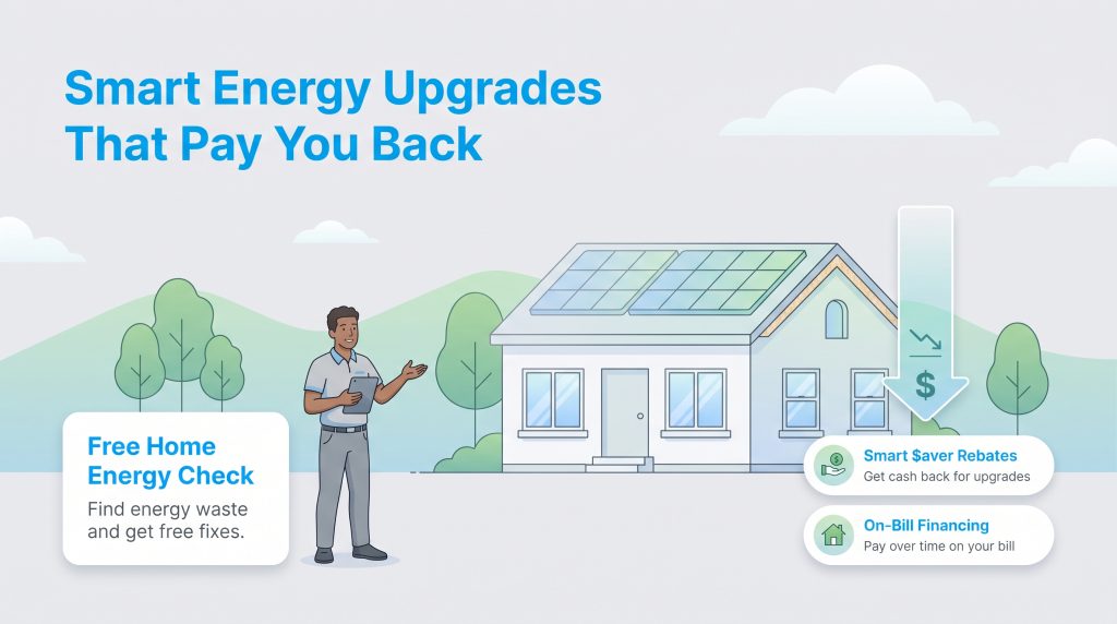 Illustration of a house with solar panels and advisor highlighting home energy saving programs.
