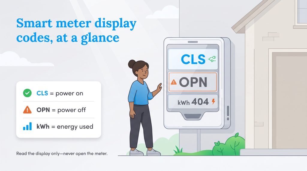 Illustration showing smart meter codes CLS for power on OPN for power off and kWh for energy