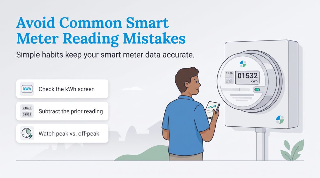 Illustration of a man reading a smart meter next to tips for accurate readings.