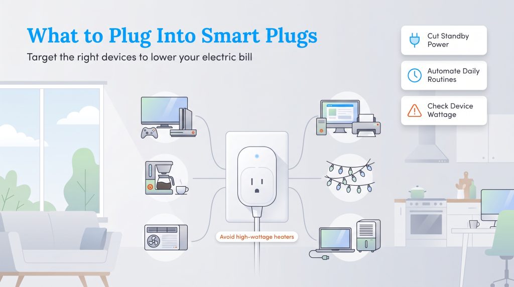 Infographic of household devices connected to a smart plug to reduce electric bills