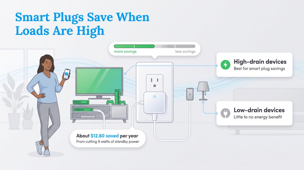 Infographic showing smart plug energy savings for high-drain vs low-drain devices.