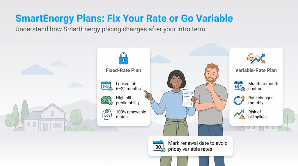 Comparison between SmartEnergy fixed-rate and variable-rate plan features.