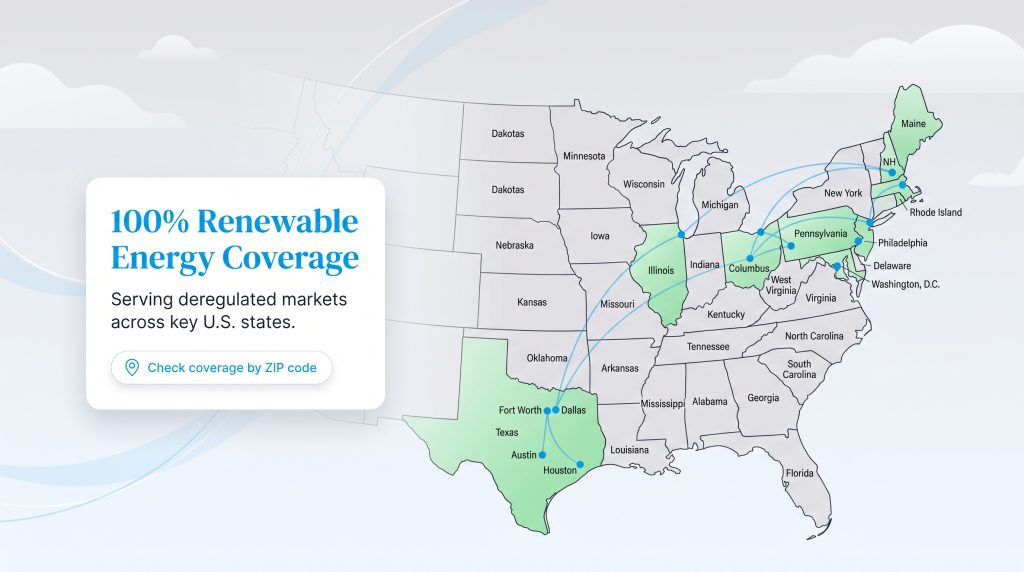 U.S. map highlighting states with SmartEnergy 100 percent renewable energy coverage