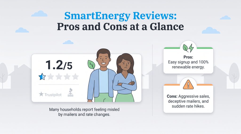 SmartEnergy reviews pros and cons infographic with a low rating of 1.2 out of 5 stars