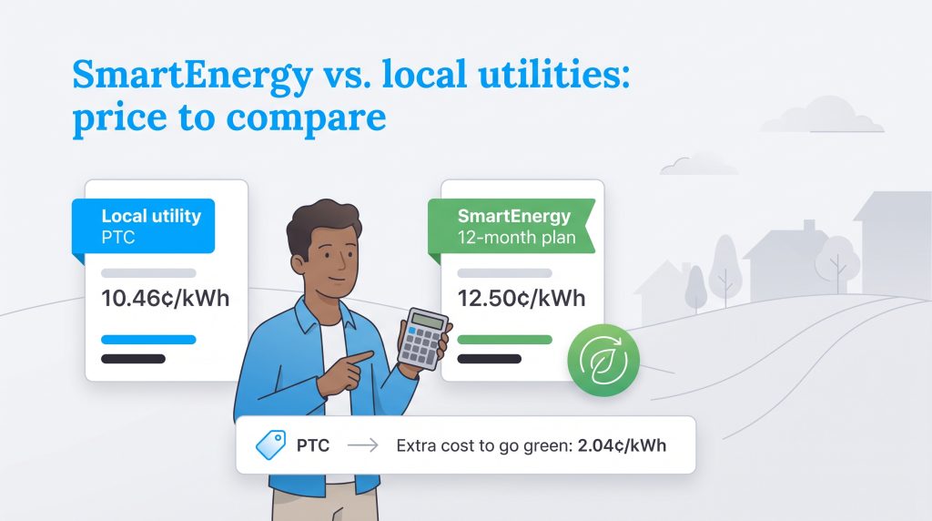 Comparison of local utility PTC at 10.46 cents and SmartEnergy plan at 12.50 cents per kWh.