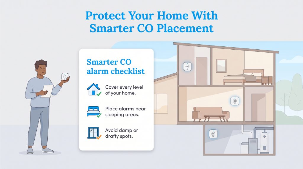 Illustration showing correct carbon monoxide alarm placement in a multi-level home.