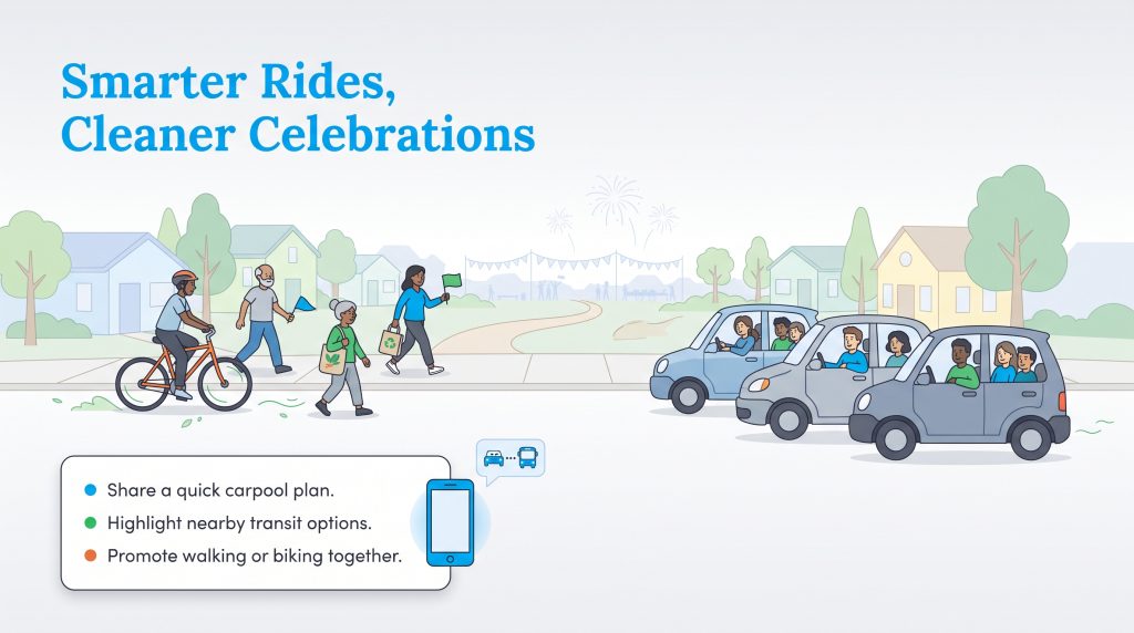 Illustration showing people walking, biking, and carpooling in a neighborhood