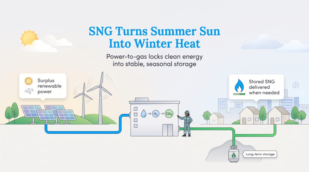 Infographic showing how surplus solar and wind power is converted to SNG for seasonal storage.
