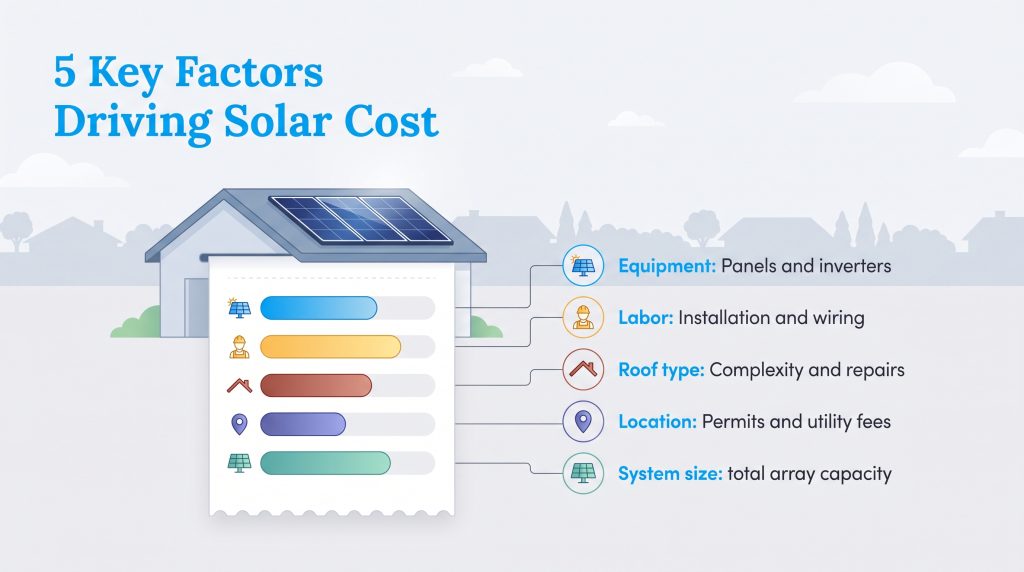 Graphic illustrating five key factors that impact solar panel installation costs.