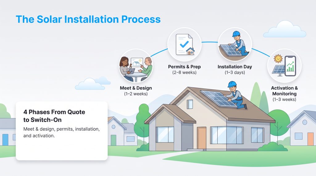 Diagram of the four phases of home solar panel installation from design to activation.