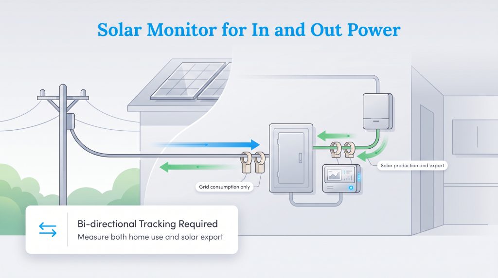 Diagram showing bi-directional solar monitoring of home grid use and solar panel export.