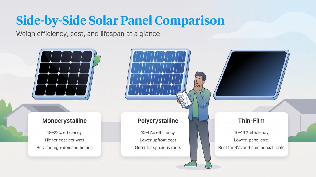 Comparison chart of monocrystalline, polycrystalline, and thin-film solar panels