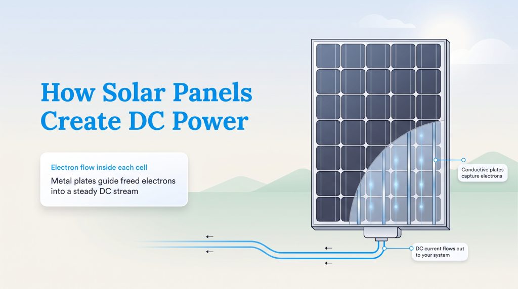 Diagram showing how solar panels guide electron flow to create DC electricity