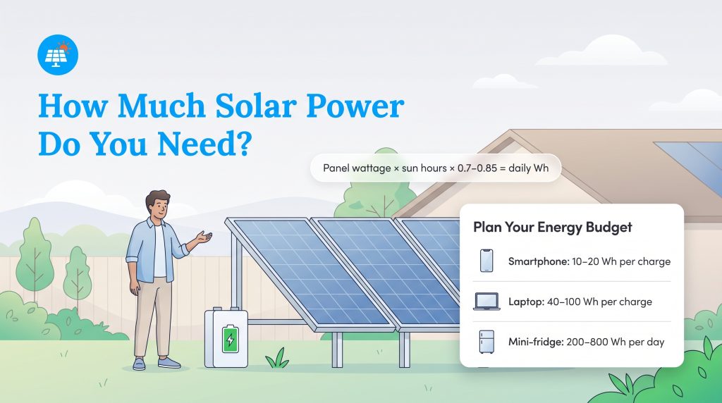 Illustration of a man next to solar panels, displaying a formula and device energy budget.