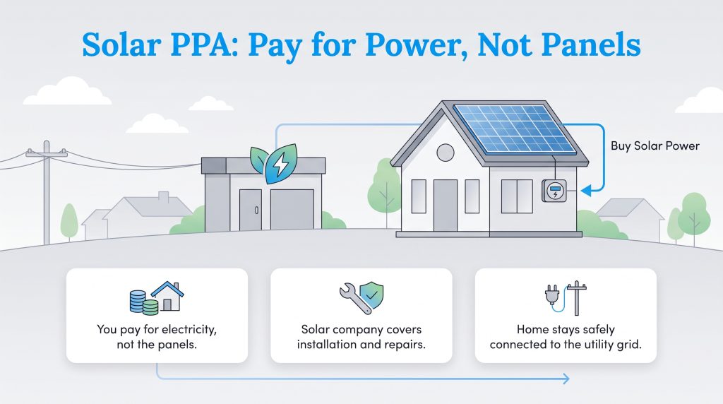 Diagram showing how a Solar PPA works with key benefits for a household.