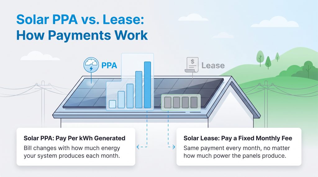 Comparison showing a solar PPA fluctuates by energy produced while a solar lease has a fixed fee.