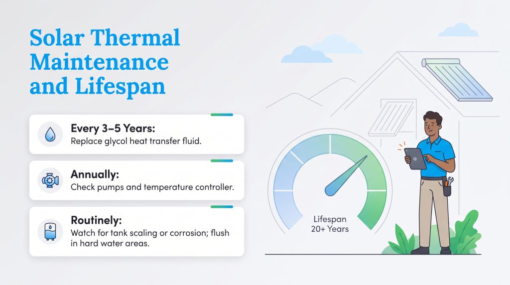 Graphic of solar thermal maintenance schedule and a gauge showing a 20 plus year lifespan