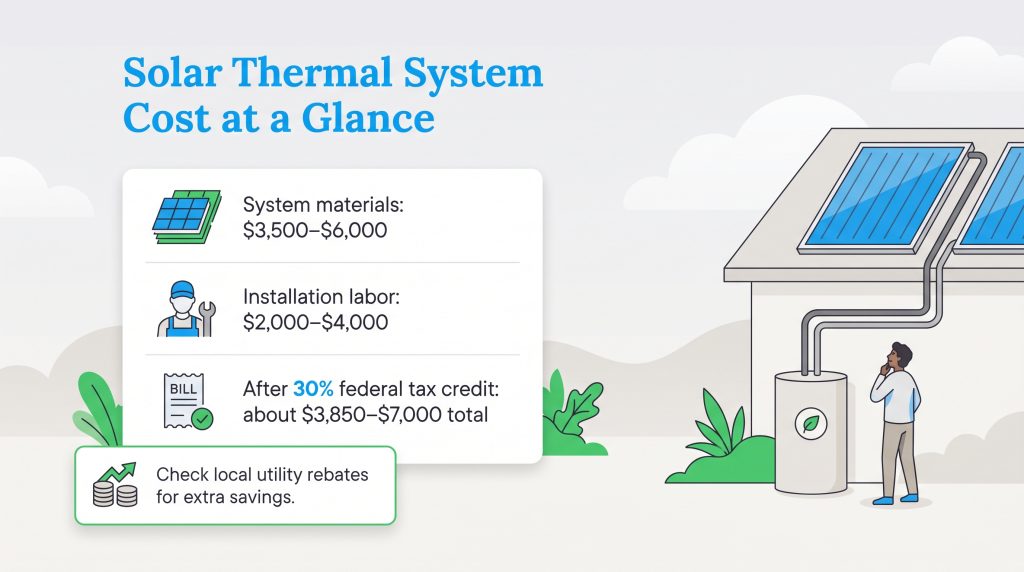 Cost breakdown of solar thermal systems showing materials, installation, and tax credit savings
