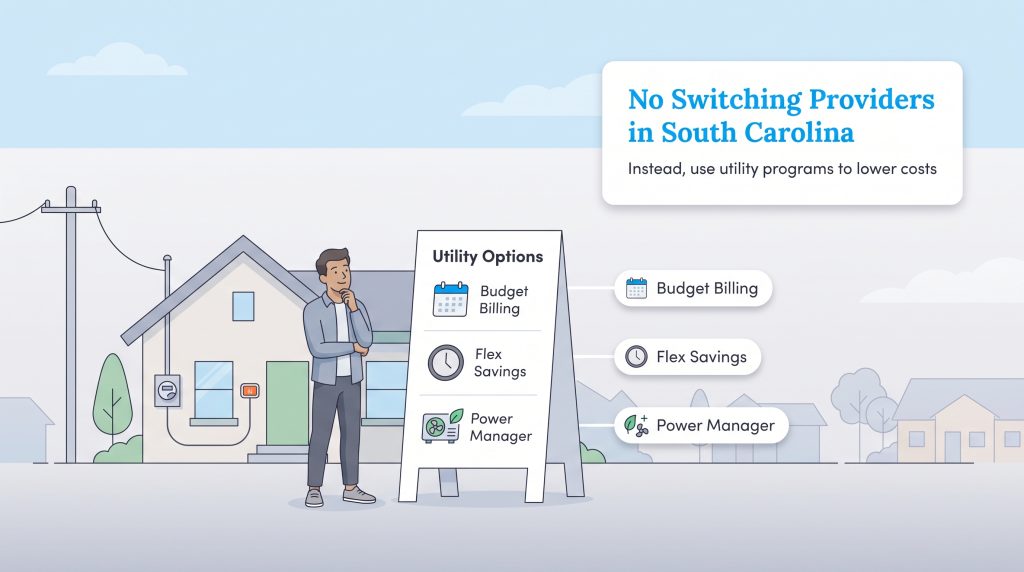 Man viewing South Carolina utility options: Budget Billing, Flex Savings, and Power Manager.