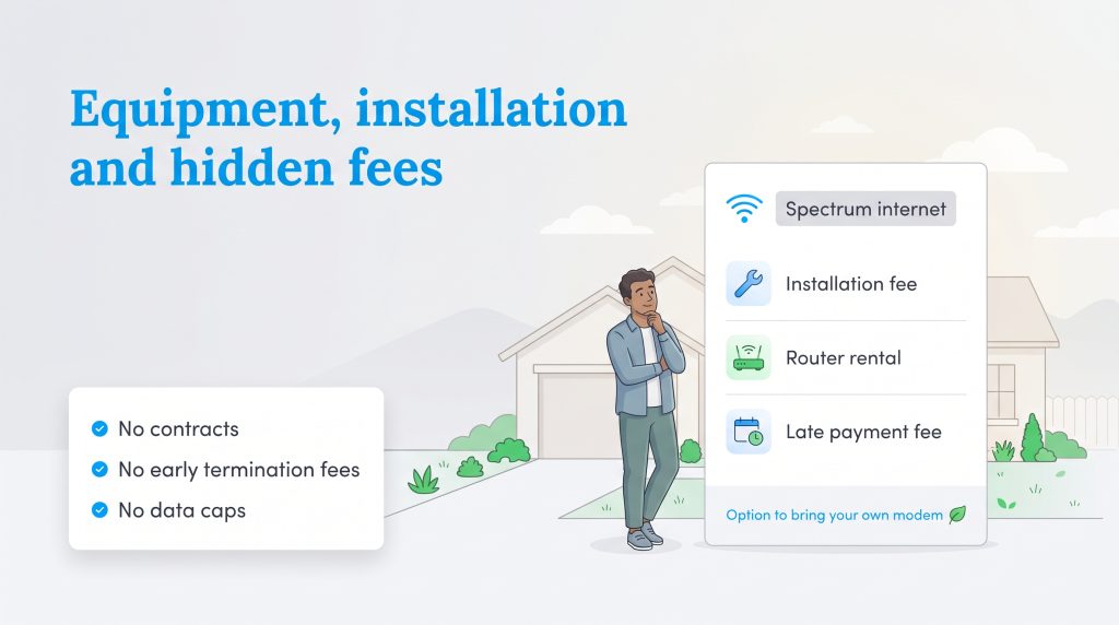 Illustration of Spectrum internet installation fees, guarantees, and router rental options.