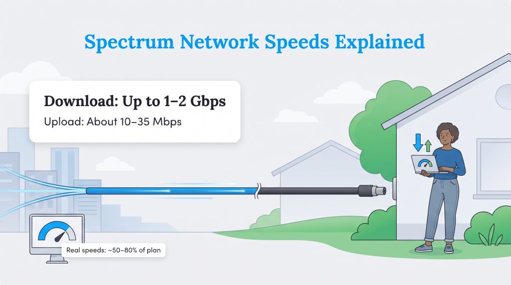 Diagram of hybrid fiber-coaxial cable network showing download and upload speeds to a home