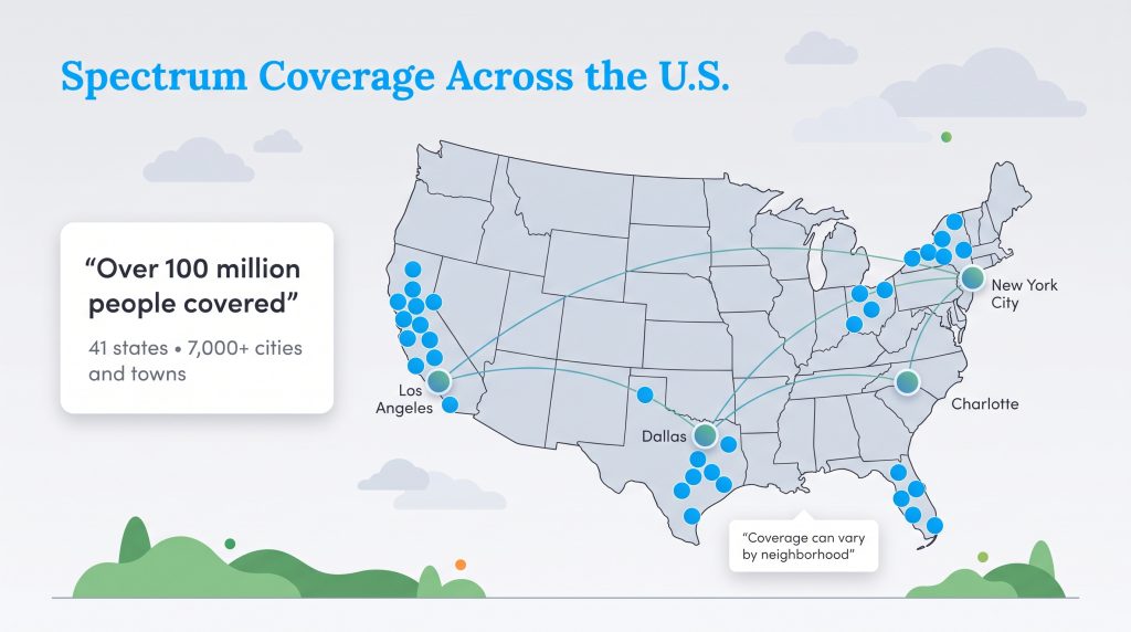 US map showing Spectrum internet coverage across 41 states and major cities