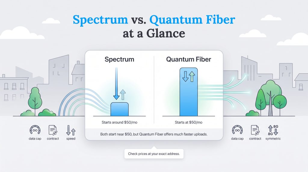 Comparison of Spectrum and Quantum Fiber pricing, upload, and download speeds.