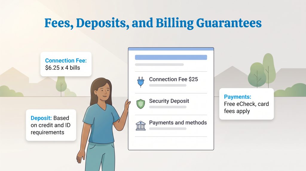 Infographic showing connection fees, security deposit details, and payment options for Spire.