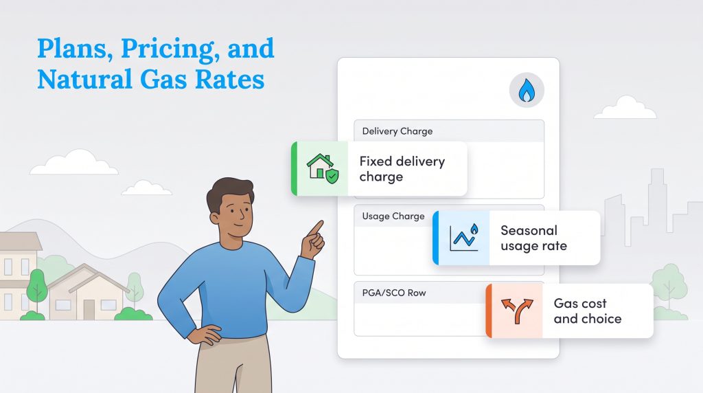 Illustration explaining natural gas bill components: fixed delivery, seasonal usage, and gas cost