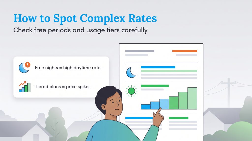 Man analyzing an electricity facts label for complex tiered rates and free night structures.