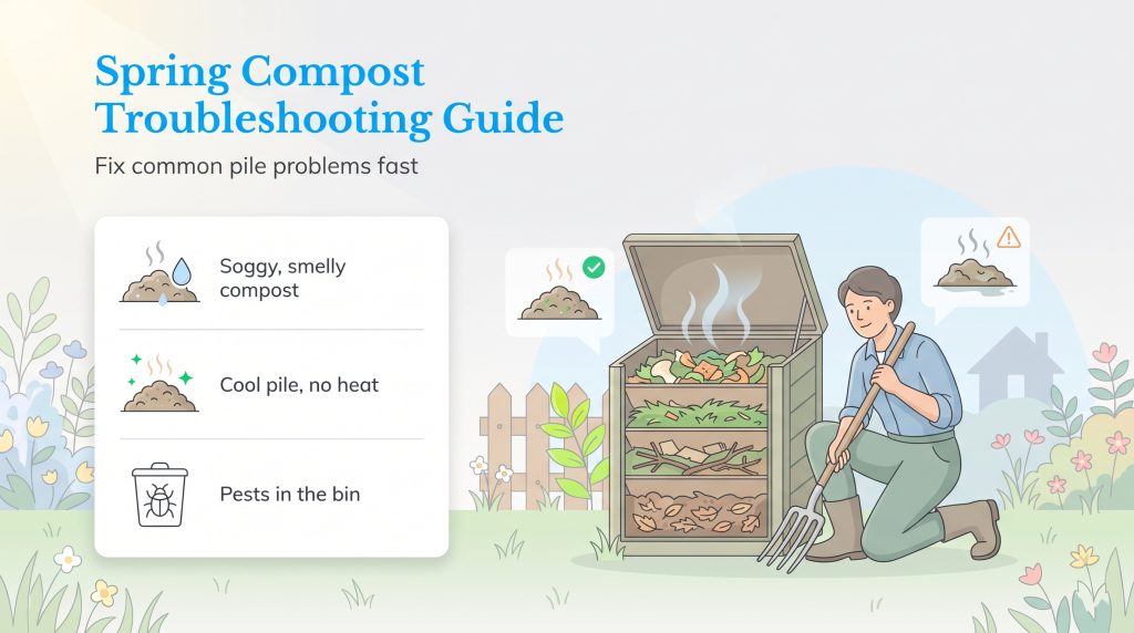 An illustration guiding gardeners on how to troubleshoot common spring compost pile issues.