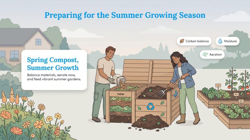 Two people managing a wooden compost bin in a backyard garden next to raised beds