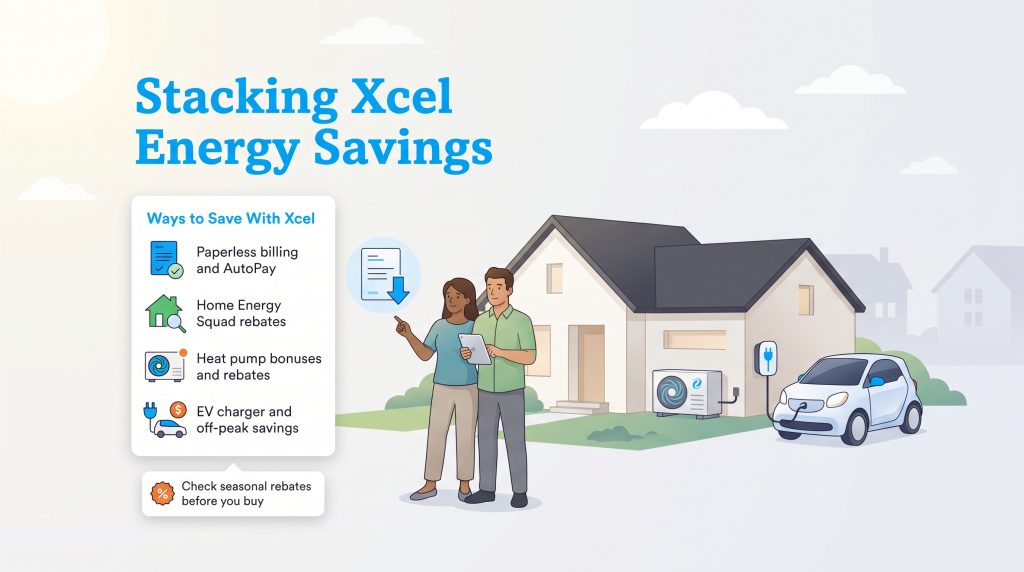 A couple stands outside their home showing various ways to stack Xcel Energy savings