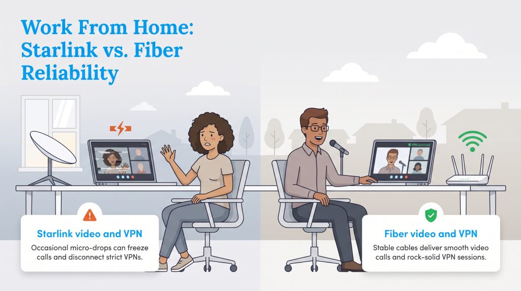 Comparison of Starlink satellite and fiber internet reliability for remote work and video calls