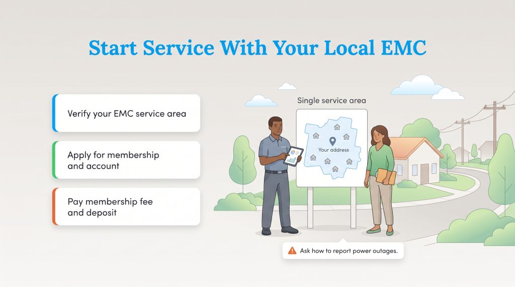 Guide on starting local EMC service including verifying area, applying, and paying fees.