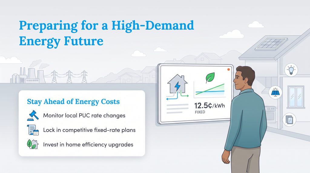 Illustration of a man reviewing home energy costs and tips on a digital tablet dashboard.