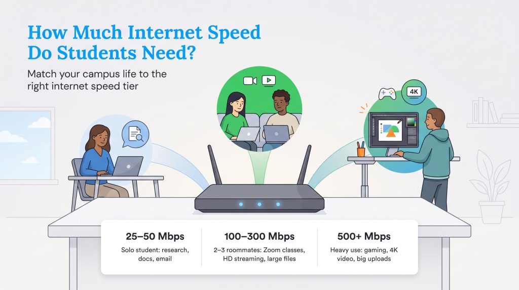 Infographic comparing student internet speed tiers from 25 Mbps to 500+ Mbps.