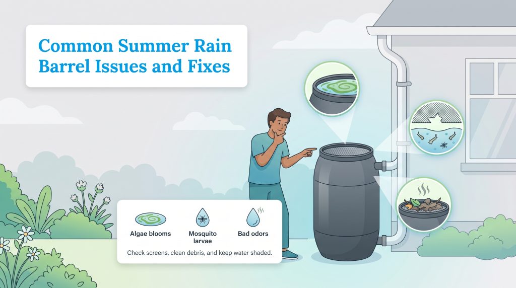 Illustration of common rain barrel issues like algae, mosquitoes, and odor with easy fixes