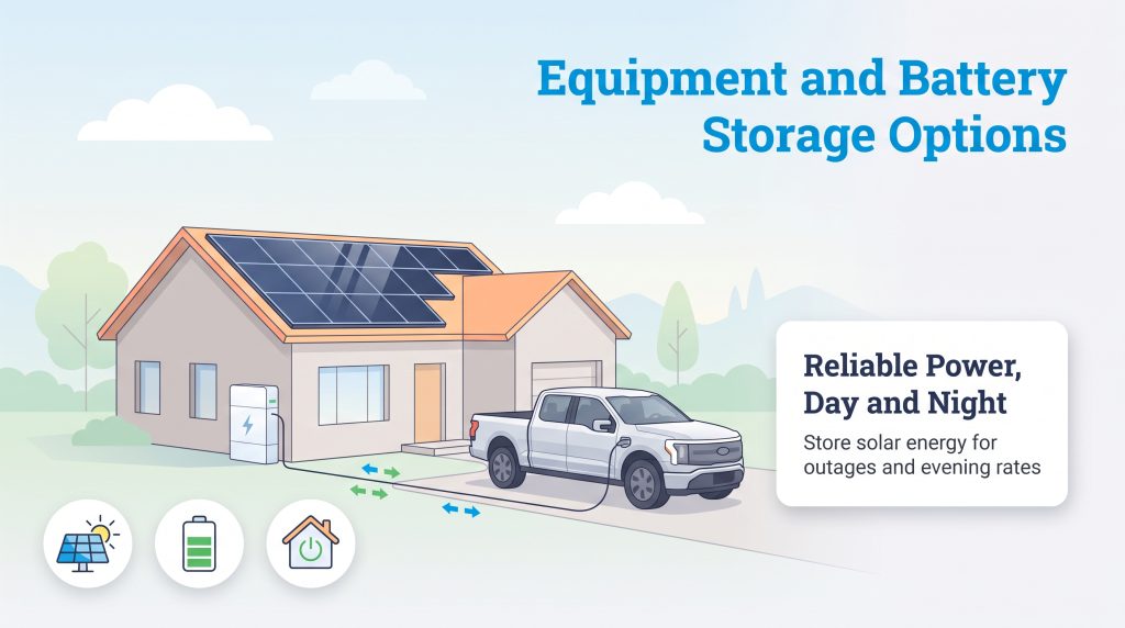 Illustration of a house with solar panels, a home battery, and an electric truck backup system.